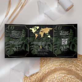 Convite Com Dobra Tripla Casamento Mapa Mundial Destino Tropical Ouro Preto