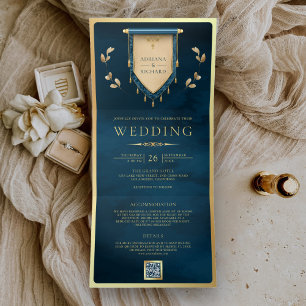 Convite Com Dobra Tripla Casamento Medieval Azul Oceano Antigo Dourado Rolo