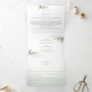 Convite Com Dobra Tripla Casamento Minimalista Elegante de Watercolor Green