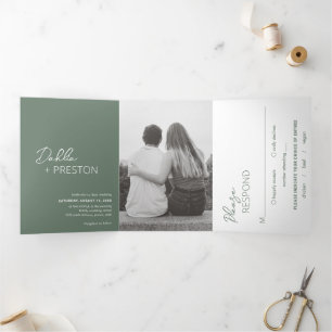 Convite Com Dobra Tripla Casamento Mínimo Verde Foto Moderno