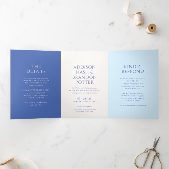 Convite Com Dobra Tripla Casamento Moderno Azul Elegante (Dentro)