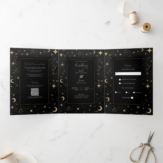 Convite Com Dobra Tripla Casamento Moderno Celestial Lua Estrelas Preto e D (Dentro)