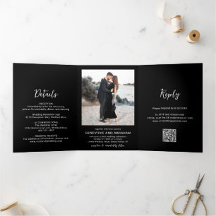 Convite Com Dobra Tripla Casamento Moderno Código QR de Foto Preta Limpa