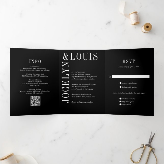 Convite Com Dobra Tripla Casamento Moderno Código QR Preto Ousado (Dentro)