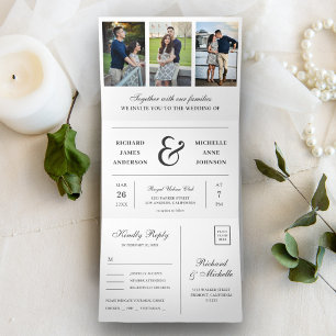 Convite Com Dobra Tripla Casamento Moderno Colagem de Fotos 3 em 1 Branco M