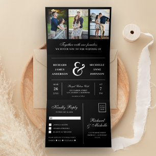 Convite Com Dobra Tripla Casamento Moderno Colagem de Fotos Preto Minimalis