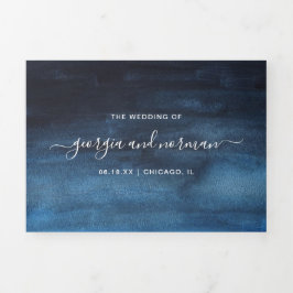 Convite Com Dobra Tripla Casamento Moderno com Cor de Água Azul de Marinho