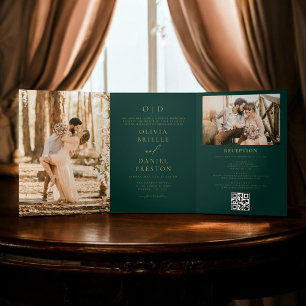 Convite Com Dobra Tripla Casamento Moderno com Duas Fotos em Ouro e Verde E