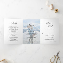 Convite Com Dobra Tripla Casamento Moderno com Foto em Preto e Branco Minim
