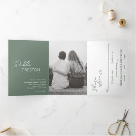 Convite Com Dobra Tripla Casamento Moderno com Foto em Verde Sage Minimalis