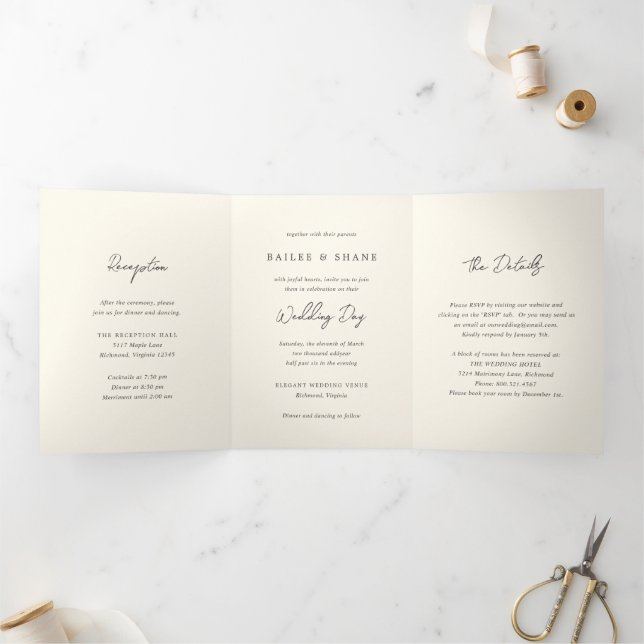 Convite Com Dobra Tripla Casamento Moderno Creme Simples (Dentro)