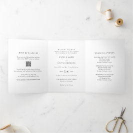 Convite Com Dobra Tripla Casamento Moderno do Código QR Branco e Preto Limp