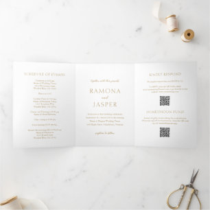 Convite Com Dobra Tripla Casamento Moderno do Código QR Simples e Dourado