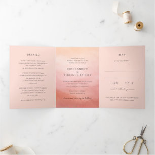 Convite Com Dobra Tripla Casamento Moderno Elegante Chic Coral Costeiro