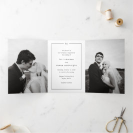 Convite Com Dobra Tripla Casamento Moderno em Preto e Branco com QR Code At