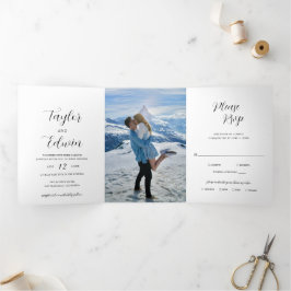 Convite Com Dobra Tripla Casamento Moderno Foto Preto e Branco Minimalista