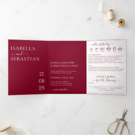 Convite Com Dobra Tripla Casamento Moderno Minimalista Borgonha Tudo-em-Um