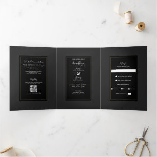 Convite Com Dobra Tripla Casamento Moderno Minimalista Elegante Preto Cinza
