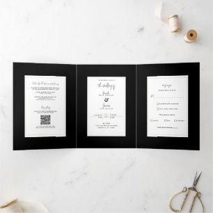 Convite Com Dobra Tripla Casamento Moderno Minimalista Elegante Preto e Bra