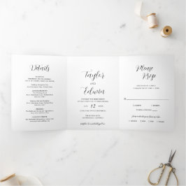 Convite Com Dobra Tripla Casamento Moderno Preto e Branco Minimalista