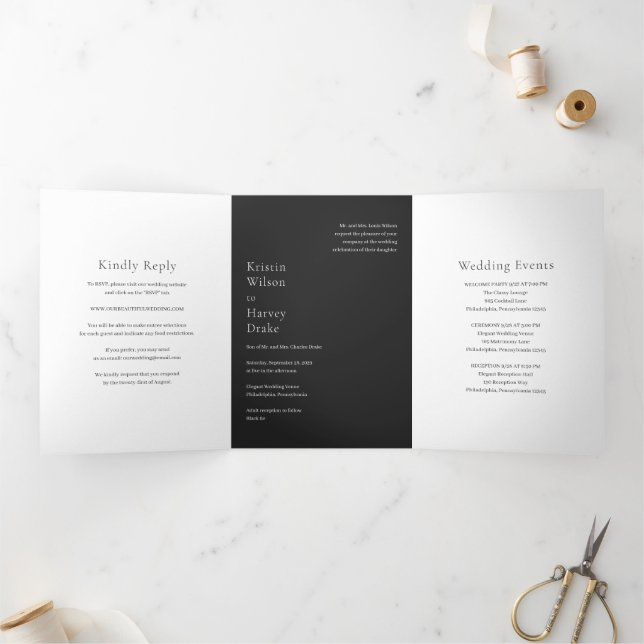 Convite Com Dobra Tripla Casamento Moderno Preto Elegante (Dentro)