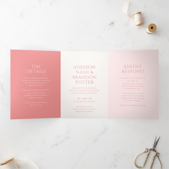 Convite Com Dobra Tripla Casamento Moderno Rosa com Estilo (Dentro)