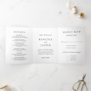 Convite Com Dobra Tripla Casamento Moderno Simples Negro e Branco