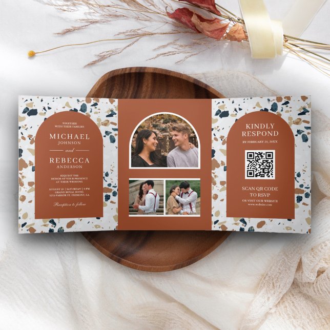 Convite Com Dobra Tripla Casamento Moderno Terrazzo Terracota Arco Código Q (Criador carregado)