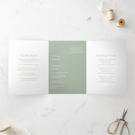 Convite Com Dobra Tripla Casamento Moderno Verde Sage Elegante