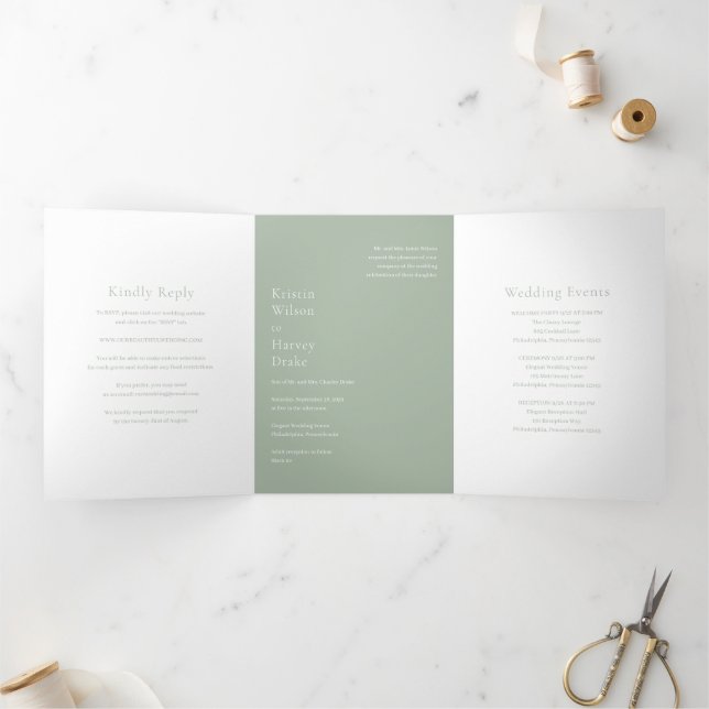 Convite Com Dobra Tripla Casamento Moderno Verde Sage Elegante (Dentro)