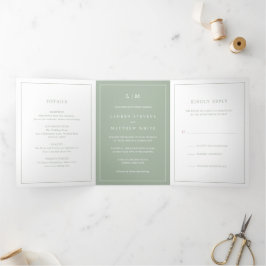 Convite Com Dobra Tripla Casamento Monograma Simples em Verde Sage Elegante