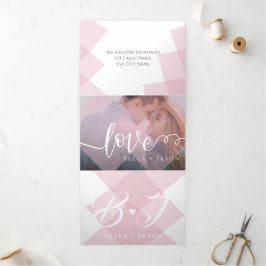 Convite Com Dobra Tripla Casamento Multifotográfico de Script Branco Cor-de