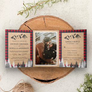 Convite Com Dobra Tripla Casamento na Montanha com Xadrez Vermelho Rustic K