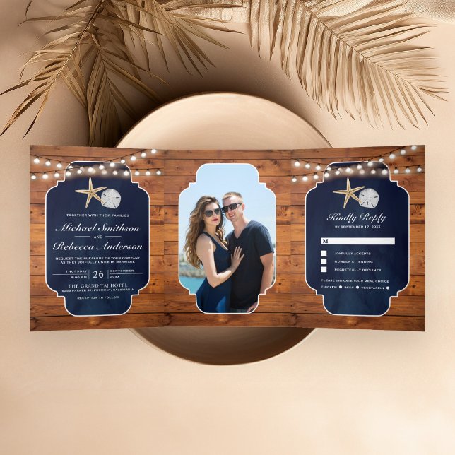 Convite Com Dobra Tripla Casamento na Praia com Estrela-do-Mar e Dólar de A (Criador carregado)