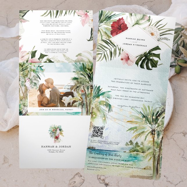 Convite Com Dobra Tripla Casamento na Praia com Palmeira Tropical (Criador carregado)