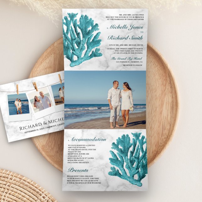 Convite Com Dobra Tripla Casamento na Praia Costeira de Mármore Branco com  (Criador carregado)