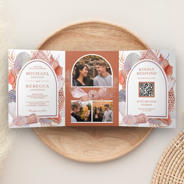 Convite Com Dobra Tripla Casamento Náutico Código QR Boho Rústico Conchas (Criador carregado)