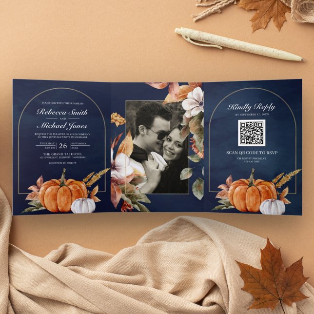 Convite Com Dobra Tripla Casamento Navy Código QR Foto Abóbora Boho Rústico (Criador carregado)
