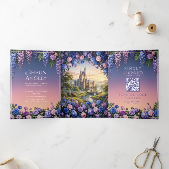 Convite Com Dobra Tripla Casamento no Castelo de Conto de Fadas Rosa Azul (Dentro)