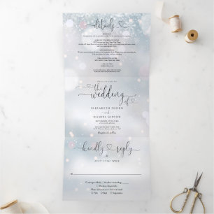 Convite Com Dobra Tripla Casamento no inverno de Flocos de Neve com Script