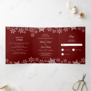 Convite Com Dobra Tripla Casamento no inverno de Natal Vermelho com Flocos