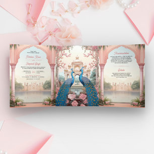 Convite Com Dobra Tripla Casamento no Palácio Real Indiano com Pavões Flora