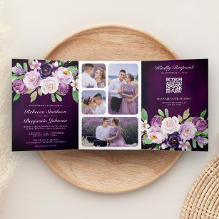 Convite Com Dobra Tripla Casamento Orgânico Púrpura Floral QR Código Dark M