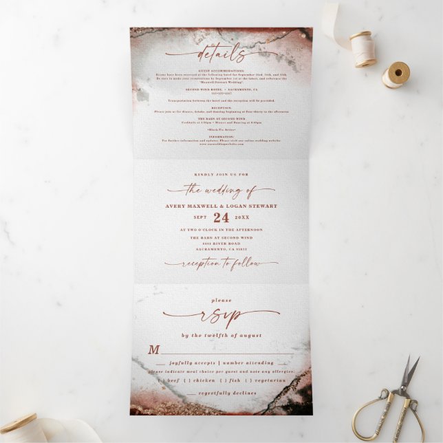 Convite Com Dobra Tripla Casamento outono de Laranja e Cinza Russo Abstrato (Dentro)