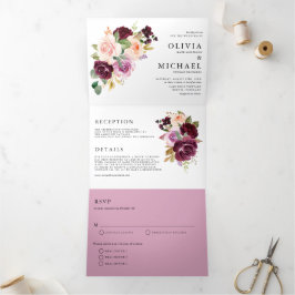 Convite Com Dobra Tripla Casamento outono Watercolor Burgundy e Blush Flora