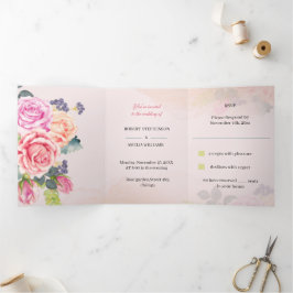 Convite Com Dobra Tripla Casamento Personalizado Da Flor De Rosa Elegante