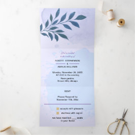 Convite Com Dobra Tripla Casamento Personalizado de Estética Azul Elegante