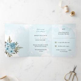 Convite Com Dobra Tripla Casamento Personalizado de Flor Azul Elegante