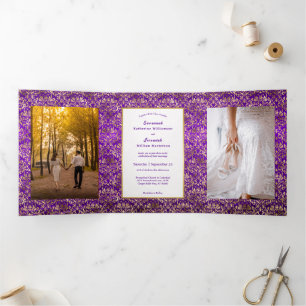 Convite Com Dobra Tripla Casamento Personalizável de Dourado Damasco Roxo V