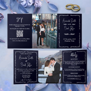 Convite Com Dobra Tripla Casamento Preto Azul Escuro Rico